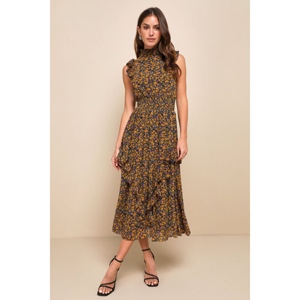 Lulus Evalina Mustard Yellow Floral Print Mock Neck Midi Dress